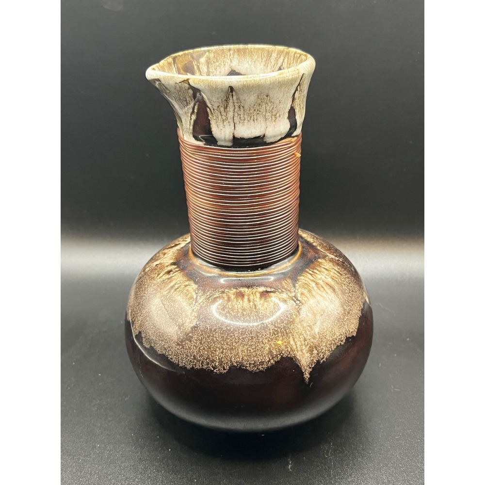 Drip Glaze Vase Brown Ceramic Bud Vase Neck Wrapped in Cord Pouring Spout 6"